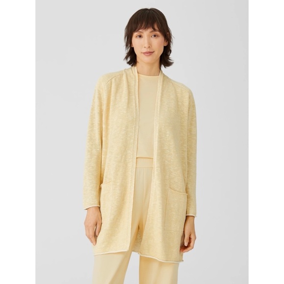 Eileen Fisher Organic Cotton Linen Slub Long Cardigan in Butter Yellow Size M - Picture 1 of 10